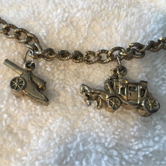 Vintage charm bracelet 1970s canon, stage coach, fort lookout, and train car